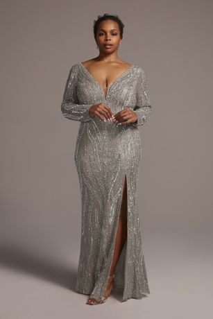 Plus Long Sleeve Sequin Encrusted Gown ...